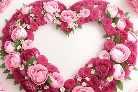 Heart shaped frame made of pink roses and white flowers on white backgroundの素材