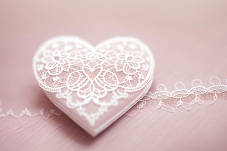 White lace heart on pink background. Shallow depth of field.の素材
