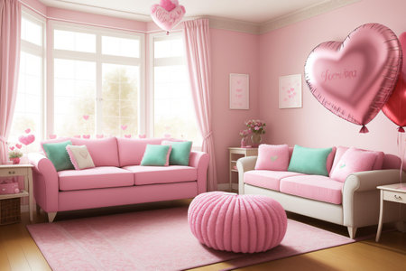 Pink living room interior with pink sofa and heart shaped balloons. 3d renderの素材