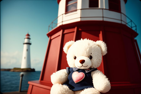 Teddy bear with a heart on the background of the lighthouse.の素材