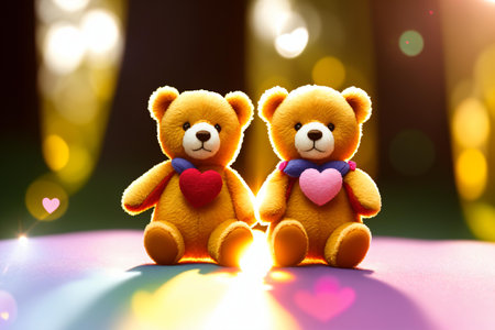 Two teddy bears with heart on colorful bokeh background.の素材