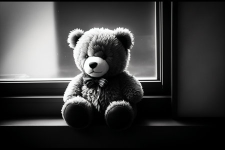Teddy bear sitting on a window sill. Black and white photo.の素材