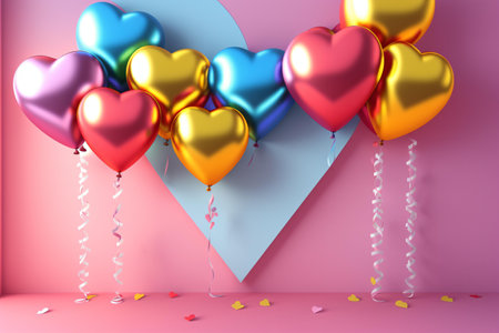 Valentine's Day background with balloons and confetti. 3D Renderの素材