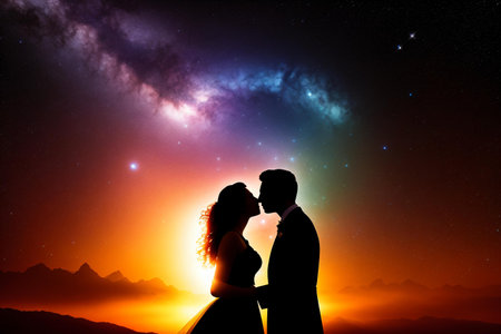 Silhouette of a loving couple on the background of the starry skyの素材