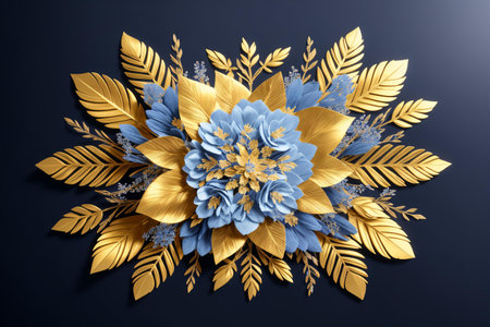 3d render of golden flower with blue and gold leaves on dark backgroundの素材