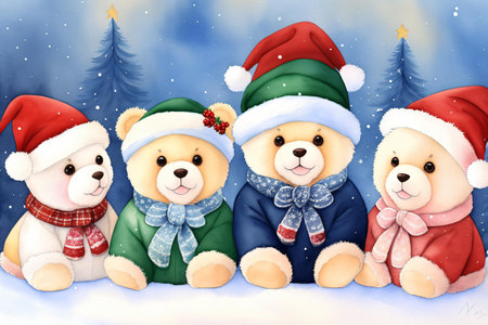 cartoon christmas scene with santa claus bear family - illustration for childrenの素材