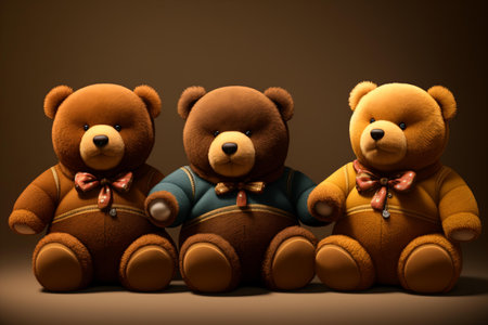 Three brown teddy bears sitting on dark background. 3d illustrationの素材