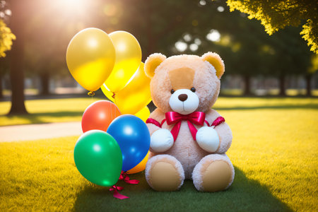 teddy bear with balloons in the park, valentine conceptの素材
