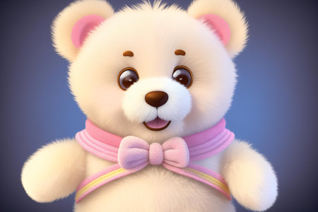 3D rendering of a cute teddy bear with a pink bow.の素材
