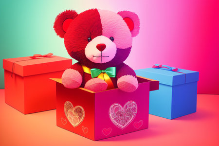 Teddy bear in a gift box with hearts and gifts on a colorful backgroundの素材