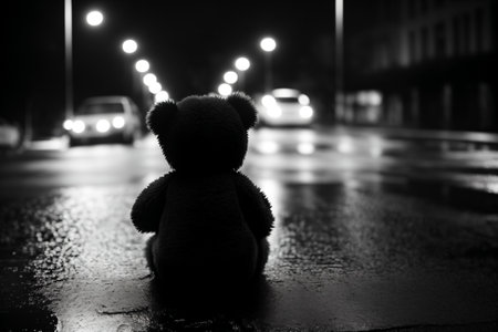 Teddy bear in the rain on the street at night, black and whiteの素材