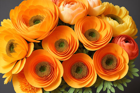 Beautiful orange and yellow ranunculus flowers bouquet on gray backgroundの素材