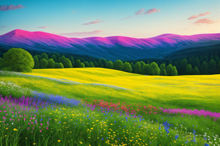 Beautiful spring landscape with colorful flowers and mountains in the background.の素材