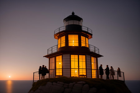 Silhouette of a group of people standing at the lighthouse at sunset.の素材