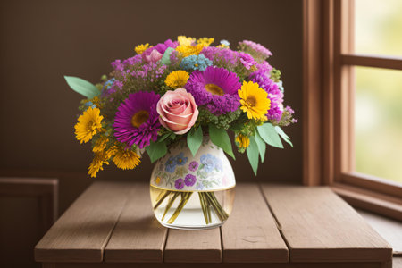 Bouquet of colorful flowers in vase on wooden table.の素材
