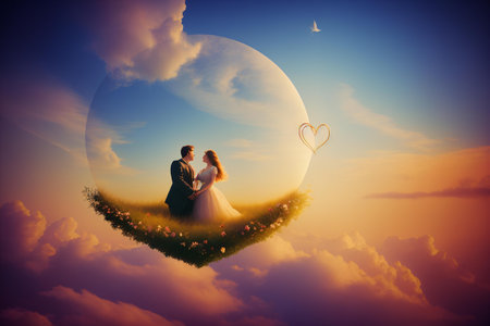 Bride and groom on a green island in the sky with a heart.の素材