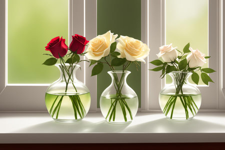 White and red roses in vases on the windowsill. 3d renderの素材