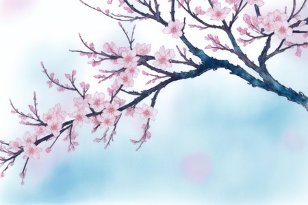 Watercolor cherry blossom tree branch with pink flowers on blue sky backgroundの素材