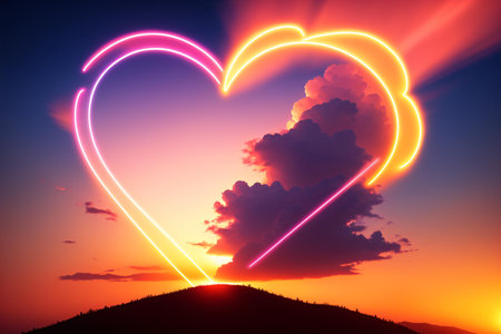 Heart shape with neon lights on sunset sky background. 3D renderingの素材