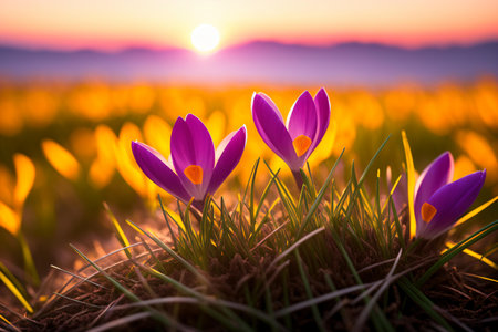 Beautiful crocus flowers in the meadow at sunset. Spring landscape.の素材