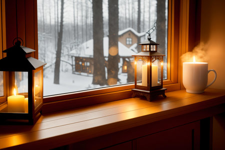 Lanterns on the windowsill in the winter forest.の素材