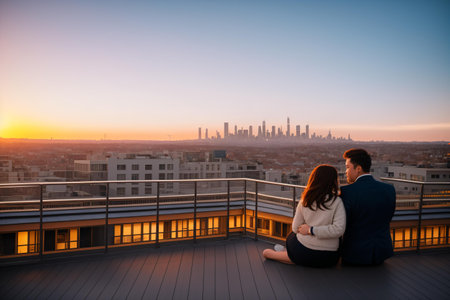 Young couple sitting on a rooftop of a building looking at the cityの素材