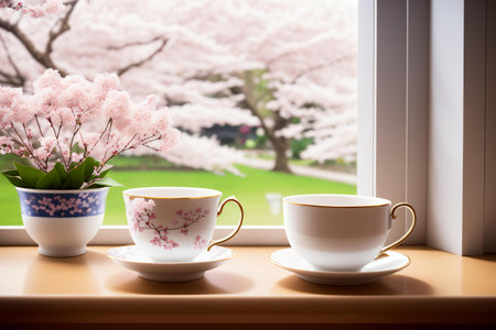Coffee cup and cherry blossoms on windowsill in springの素材