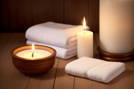 Spa still life with candles, towels and candles on wooden backgroundの素材