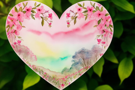 Heart shaped frame with pink flowers and clouds on green leaves background.の素材