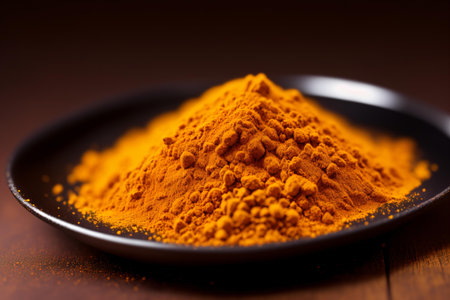 Turmeric powder on a black plate over wooden table, closeupの素材