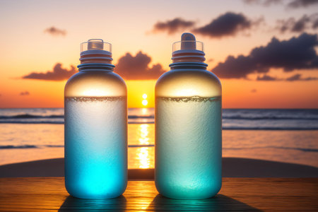 Bottles of essential oil on the beach at sunset. Collage.の素材