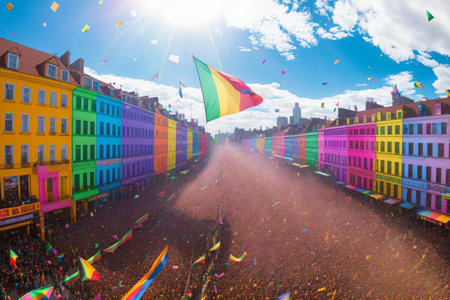 Colorful flags flying in the air in Bruges, Belgium.の素材