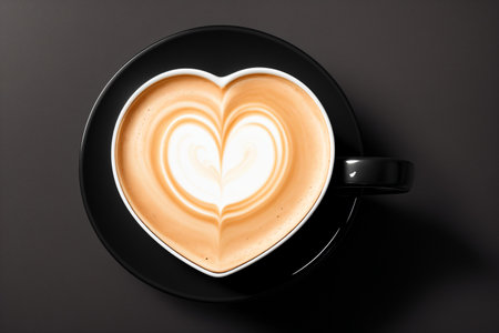 Cup of coffee with latte art on black background, top viewの素材