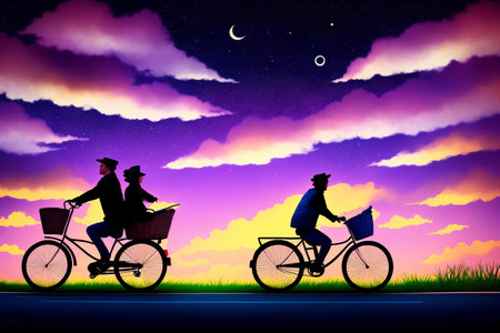Couple riding bicycle in the night with moon and stars, illustrationの素材