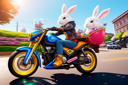Rabbit riding motorcycle on the road in the city. Easter concept.の素材