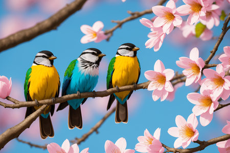 Beautiful birds sitting on a branch with pink sakura flowers.の素材