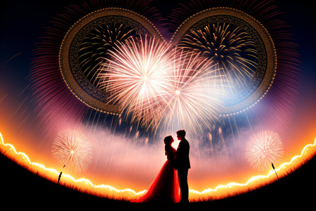 Newlyweds with fireworks in the night sky. Vector illustration.の素材
