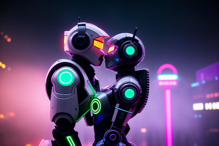 3d rendering humanoid robot with neon lights on the background of night cityの素材