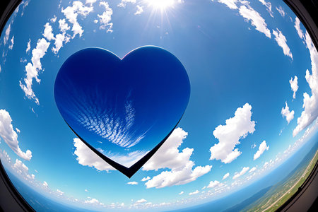 This stunning photograph captures the beauty of nature in a surreal and vibrant way, showcasing a heart-shaped cloud in the sky with a colorful twist. . Generative AI.の素材