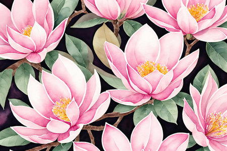 Celebrate the beauty of spring with this stunning art illustration of pink magnolia flowers. The delicate petals and intricate details are captured with watercolor texture, making it a perfect addition to any home decor. . Generative AI.の素材