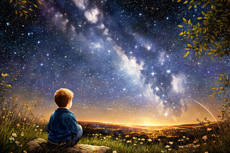 This illustration captures the essence of hope, love, and peace through the eyes of a young boy, gazing up at the starry night sky. The glittering galaxy above creates a magical atmosphere, perfect for a prayer of hope and positivity. . Generative AI.の素材