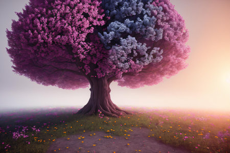 A beautiful and surrealistic representation of the human brain as a tree with colorful flowers, symbolizing the importance of self care and mental health. This image encourages positive thinking and a creative mind. . Generative AI.の素材