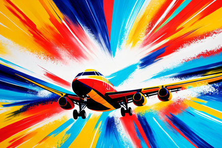 This abstract artwork captures the energy and excitement of air travel, with its bold colors and dynamic composition. It invites the viewer to imagine the thrill of landing at a bustling airport, while also exploring the deeper themes of contemporary art and cultural expression. . Generative AI.の素材