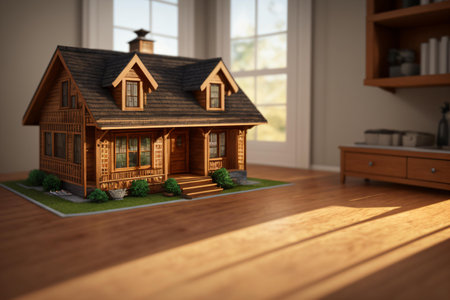 This stunning 3D model of a house on a wooden table is the perfect representation of finding your dream home with the help of our expert agent. The intricate details and warm lighting make it feel like you're already home. . Generative AI.の素材