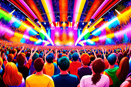 Get lost in the rhythm and feel the energy of this vibrant crowd of dancing souls, as they move to the beat of the music and celebrate life with joy and passion. This art illustration captures the essence of a lively festival or performance, where people come together to express themselves and share their love for music and dance. . Generative AI.の素材