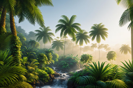 Immerse yourself in the beauty of a tropical paradise with this stunning 3D render of a jungle forest, complete with towering palm trees and a winding river. . Generative AI.の素材