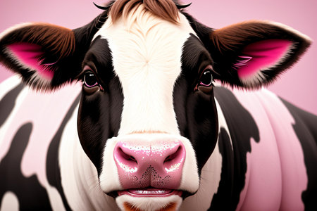 This stunning close-up of a cow with makeup on a pink background is a unique and imaginative piece of digital art that showcases the beauty and glamour of livestock farming. The ultra-realistic 3D render and bokeh effect add a touch of modern technology to this creative and eye-catching image. . Generative AI.の素材