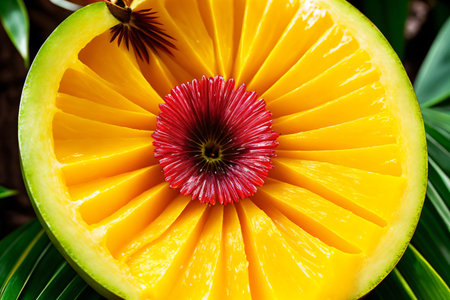 This delicious mango fruit cut out is perfect for a refreshing summer snack or a healthy dessert. The vibrant colors and intricate details will make your mouth water and transport you to a tropical paradise. . Generative AI.の素材