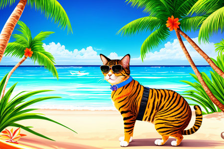 This funny cat is having the time of its life riding the waves on a surfboard, bringing joy and laughter to anyone who sees it. Perfect for summer vacation and beach lovers! . Generative AI.の素材