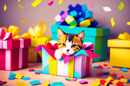 This adorable illustration captures the joy and excitement of bringing home a new furry family member, with a playful and colorful twist. The cute kitten popping out of the gift box is sure to bring a smile to anyone's face. . Generative AI.の素材